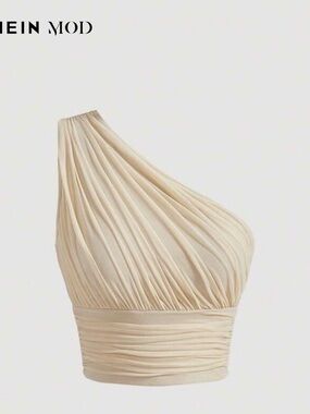 SHEIN Cream One-Shoulder Pleated Top